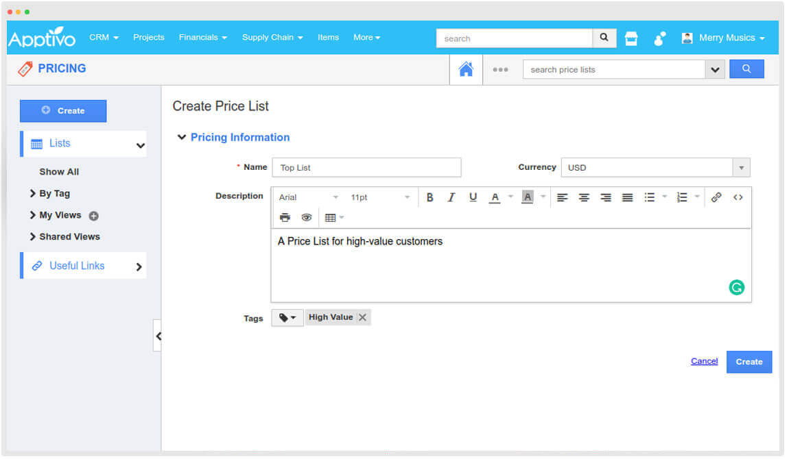 create price lists